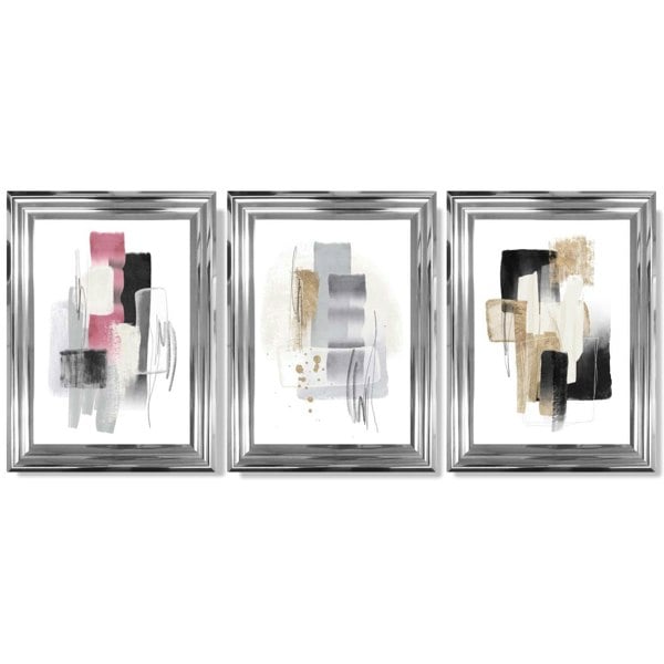 Set of 3 Abstract Black Pink and Silver Framed Art Prints with Glossy Chrome Frames