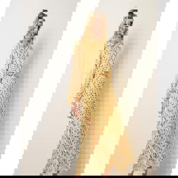 Blue Vanilla Polka Dot Cowl Neck Pleated Long Sleeve Dress