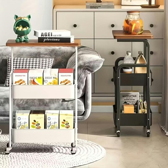 Havendro Three-Tier Mobile Storage Cart | Wooden Desktop with Sturdy Metal Frame