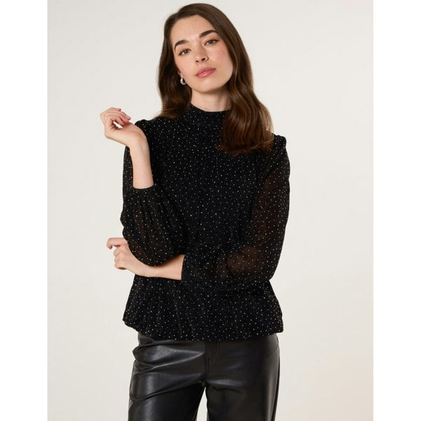 Blue Vanilla Rhinestone Shoulder Pad Puffball Blouse