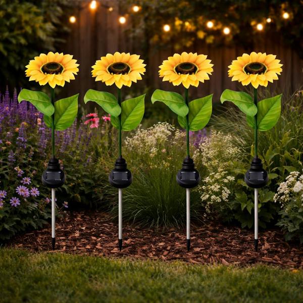 Gardenwize Pack of 4 Solar Sunflower Stake Lights – Warm White LED Garden Lights