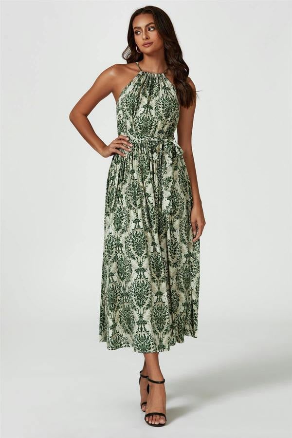 FS Collection Green & Beige Floral Print Tie Halterneck Maxi Dress