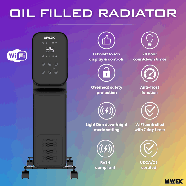 MYLEK Oil Filled Digital Smart WiFi App Enabled Heater - 3 Heat Settings & 24-Hour Timer 2500w