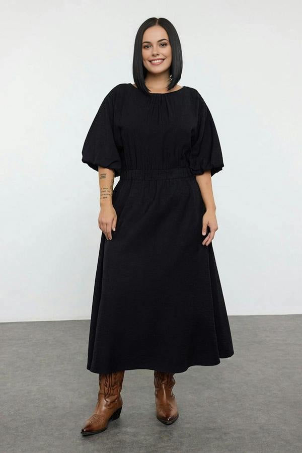 WOVCOR Textured Balloon Sleeve Midi Woven Plus Size Dress