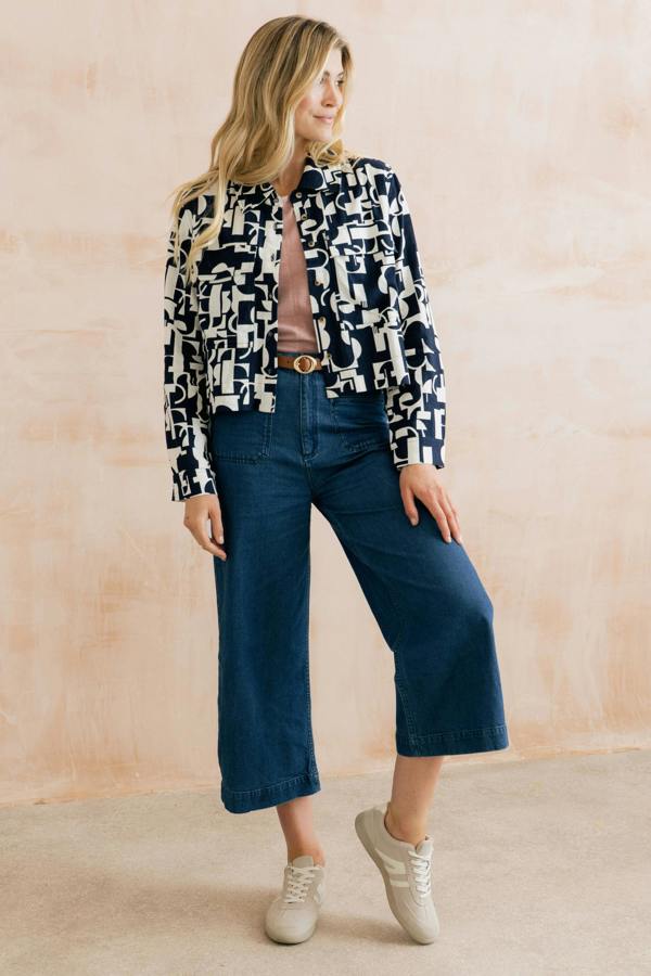 Lily & Me Grasslands Linen Blend Geo Print Jacket Navy
