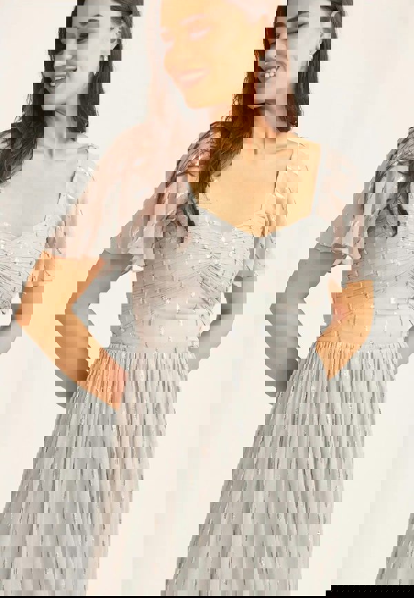 Gini London Silver Jacquard Metallic Angel Sleeves Midi Dress