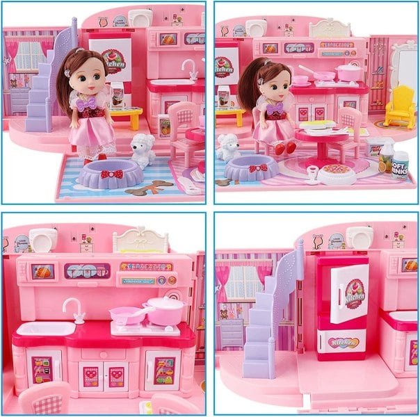 deAO Toys Childrens 2-In-1 Pink Portable Doll House Play Set