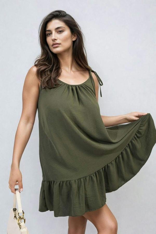 Faye Backless Tie-up Spaghetti Strap Frill Hem Mini Dress - Khaki