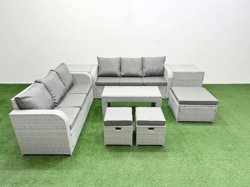 Fimous 9-Seater High Back Rattan Garden Furniture Set - Light Grey Wicker Sofa with Oblong Coffee Table & 3 Stools