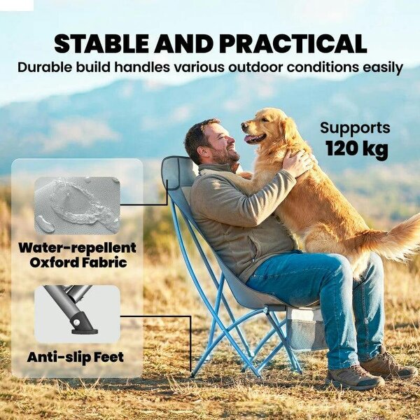 Camping Chair for Adults Heavy Duty Folding Camp Chair with Side Pocket and Carry Bag Light Grey