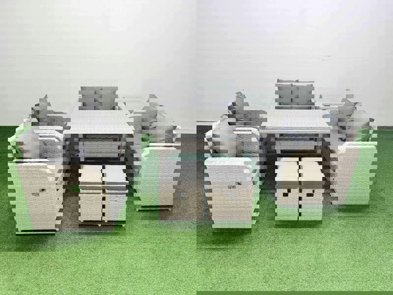 Fimous 8 Seater Outdoor Reclining Chair Love Sofa Set Rattan Garden Furniture Set with Rectangular Dining Table 2 Stools Side Table Light Grey