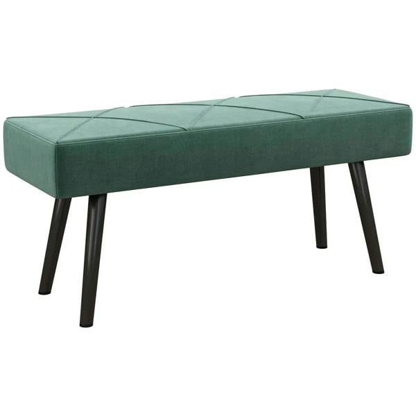Green upholstered end-of-bed bench with dark steel legs and padded top