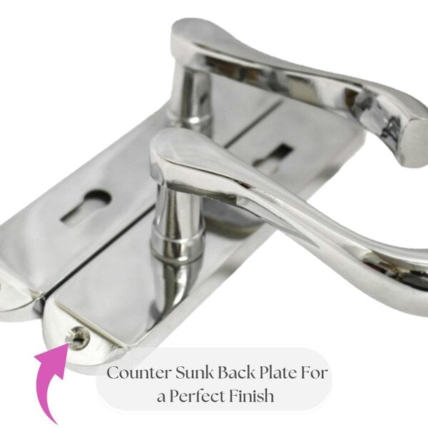 EDH Door Hardware Cadenza Victorian Scroll Door Handles Polished Chrome – Lever Latch, Bathroom Lock & 3 Lever Lock Sets