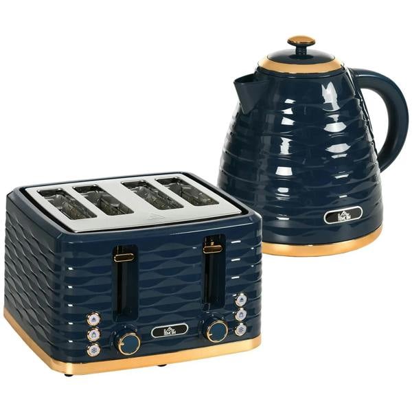 Blue electric kettle and four-slice toaster set with gold accents and warming controls