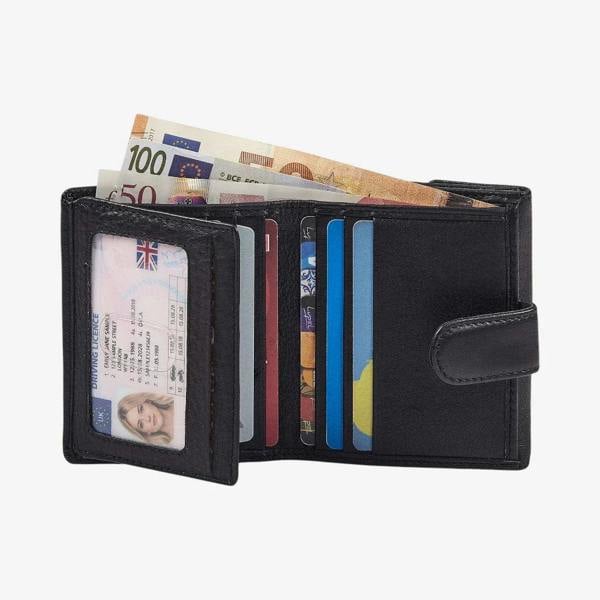 Real leather women's trifold wallet in black with 6 card slots 