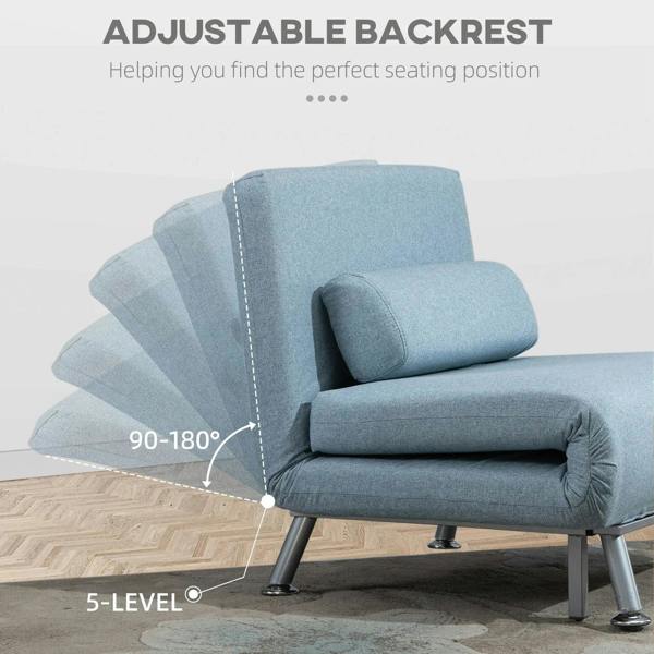 Sky blue convertible sleeper chair with adjustable backrest and padded pillow