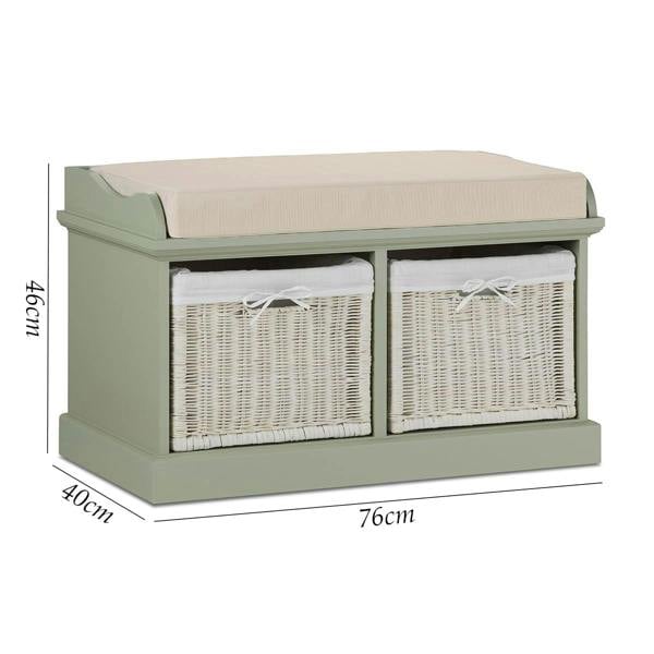 Statement Furniture Tetbury Bench with 2 White Wicker Baskets and Cushion Seat