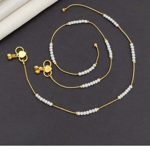 The Colourful Aura Golden Brass White Pearl Minimalist Thin Slim Foot Payal Anklet