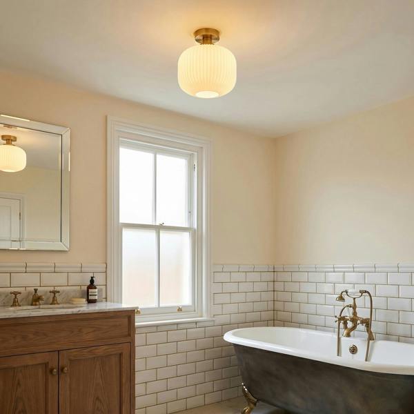 Antique Brass Bathroom Ceiling Light with Opal Ribbed Glass Shade Image 6