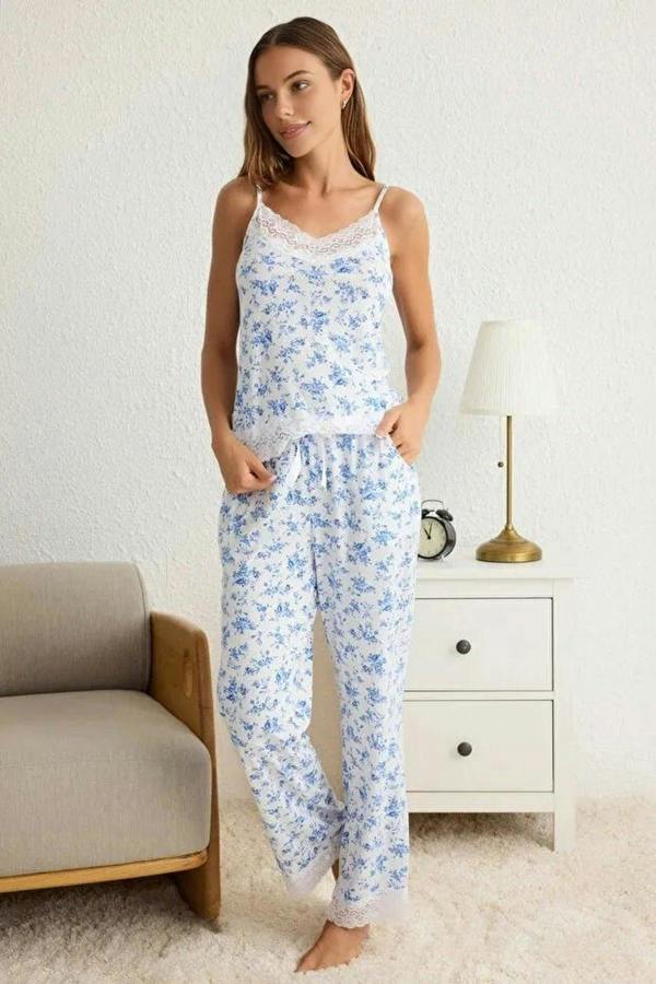 WOVCOR 2-Piece Viscose Knit Pajama Set with Lace and Ribbon Details