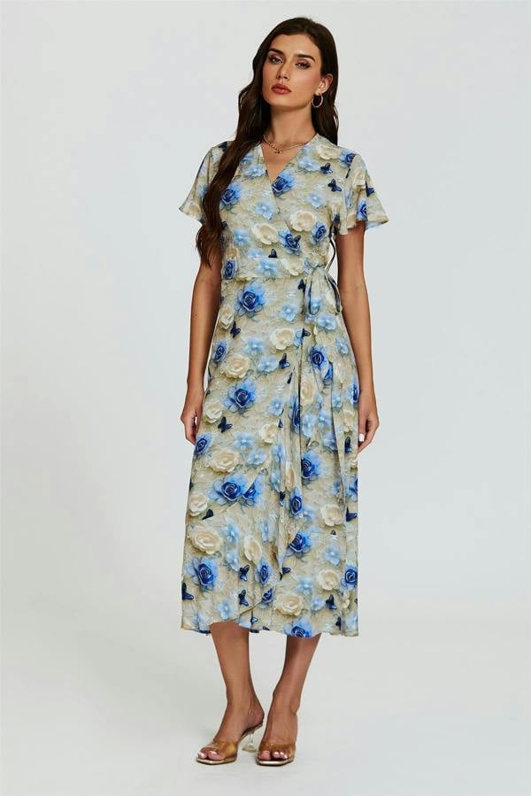 FS Collection Floral Print Wrap Hem Midi Dress In Beige