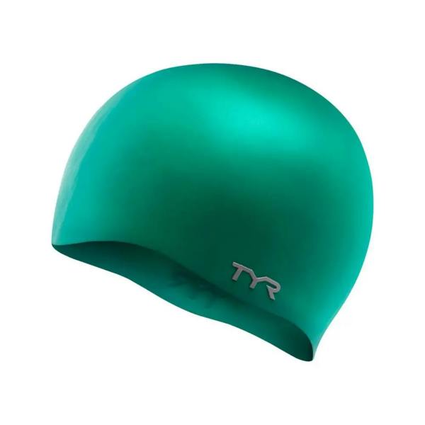 Tyr wrinkle free silicone swim cap in teal green with matte finish and logo