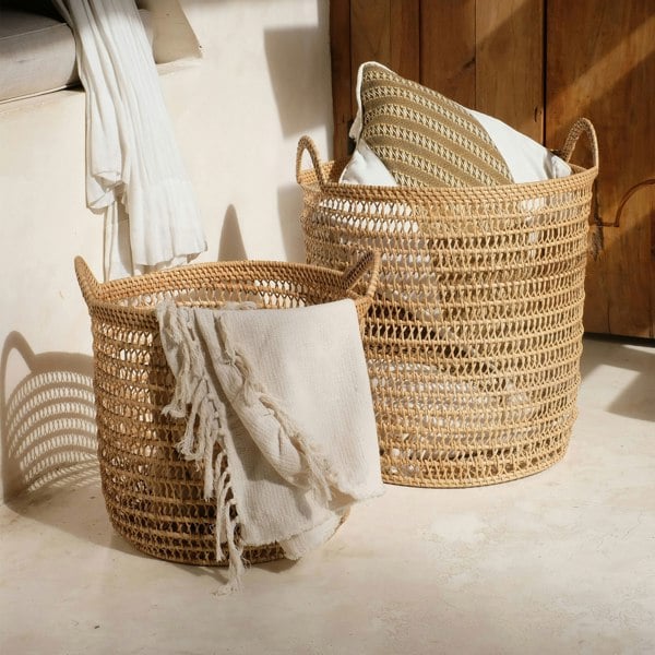Natural rattan spiral laundry basket for blankets 35cm handwoven storage