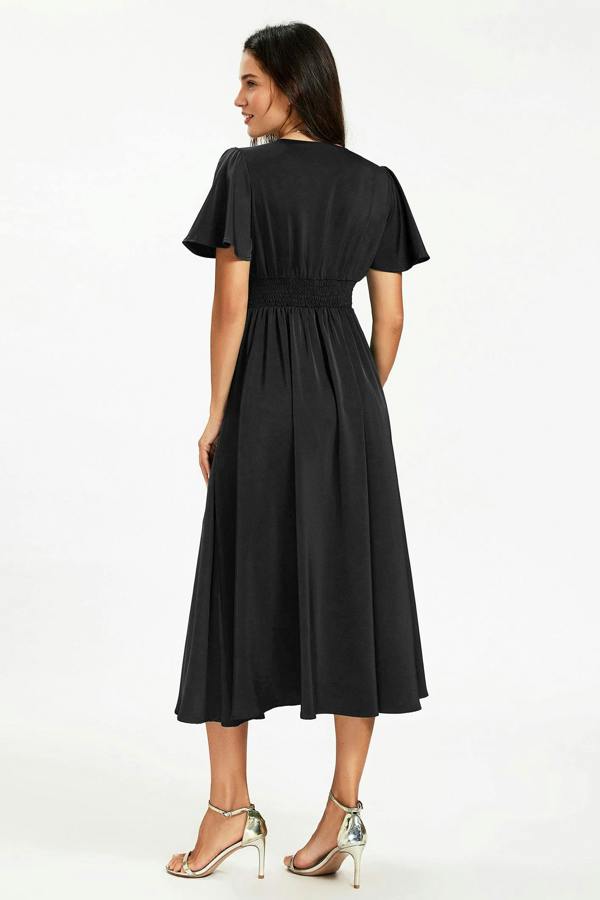 FS Collection Satin V neckline Button Detail Dress In Black