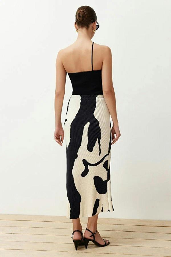 WOVCOR Abstract Pleated A-line Printed Midi Stretch Knit Skirt