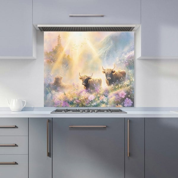 Warren Reed Highland Cows in Spring Glass Kitchen Splashback - 00021