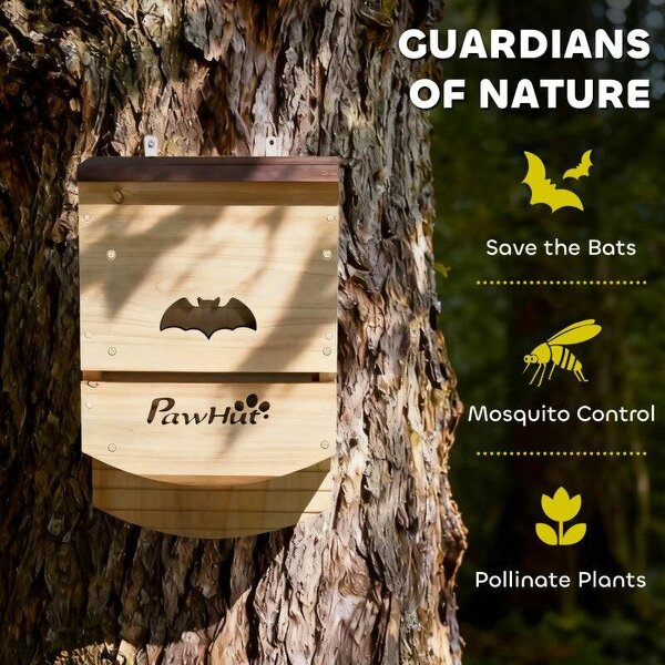 Bat Boxes, Pack of 3 Wooden Bat Houses for Outdoor, Garden, Farm, Easy to Hang, 23 x 9.5 x 36.5 cm, Natural