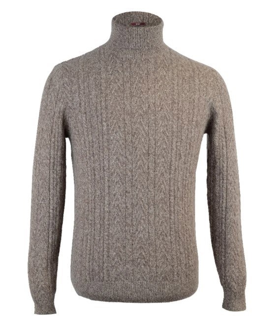 David WeJ Cable knit roll neck jumper. Brown
