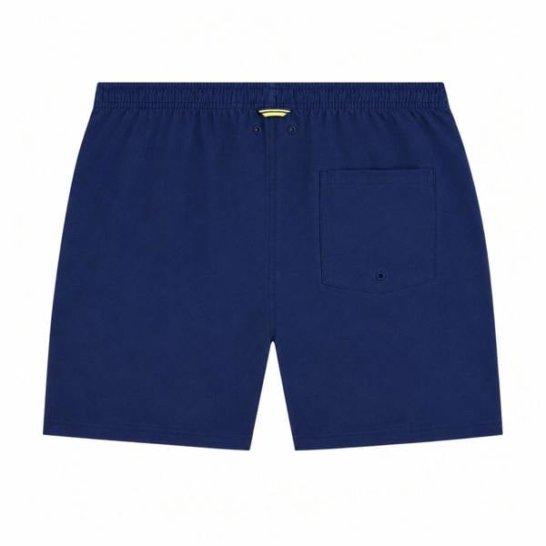 Fred Perry French Navy swim shorts with elastic waist, back pocket, and yellow drawstring detail.