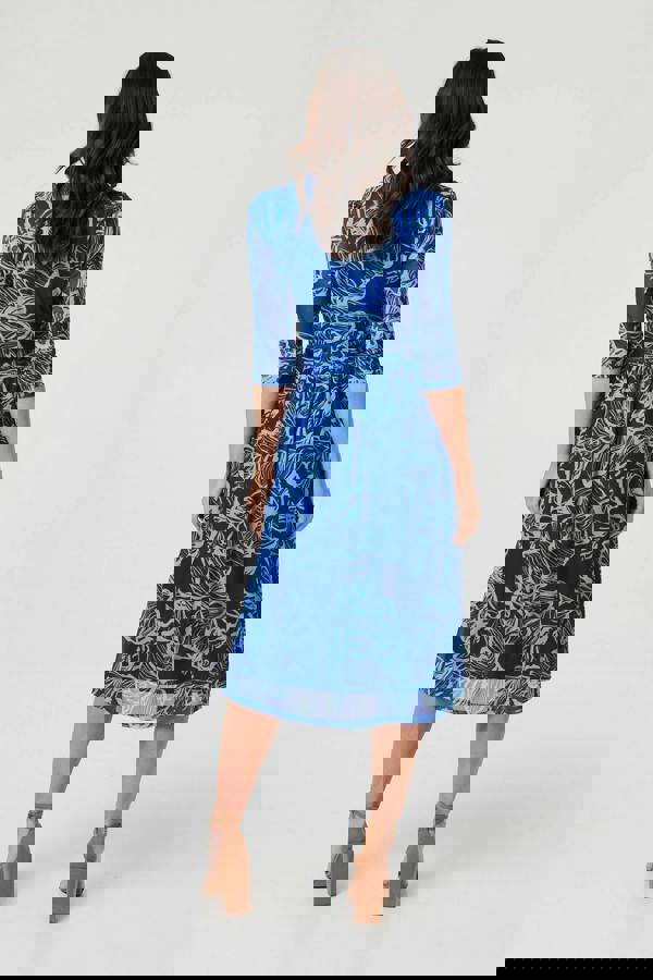 Blue | Leaf Print Mesh Layer Midi Wrap Dress