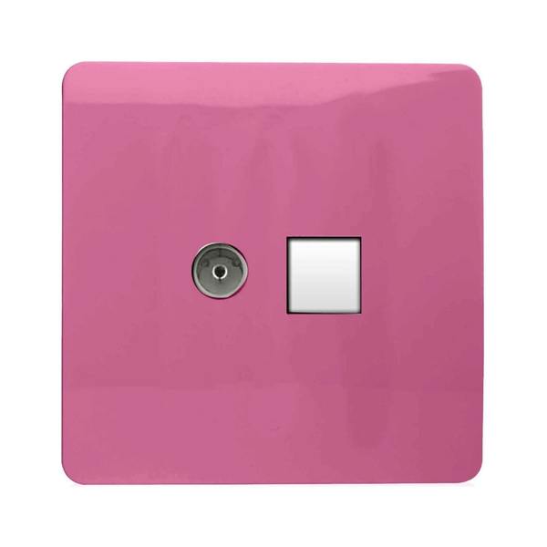 Trendi Switch 2 Gang TV Co-Axial & RJ45 Cat 6 Modern Designer PC Ethernet Sockets in Candy Pink