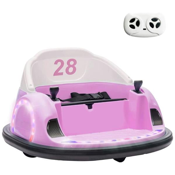 Pink kids bumper car with clear windshield, number 28, and LED light base