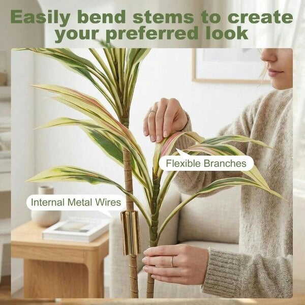 90 cm Artificial Cordyline Tree in Moss Effect Pot, Realistic PEVA Faux Plant, Yellow