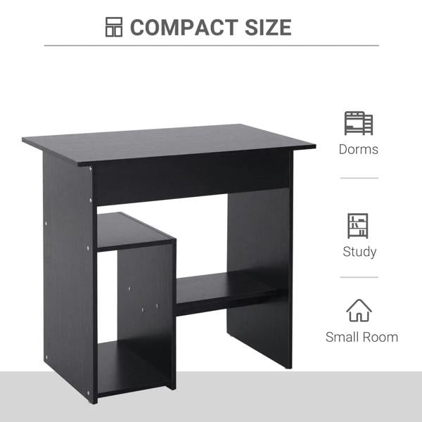 Black compact computer desk with open shelves and sliding keyboard tray