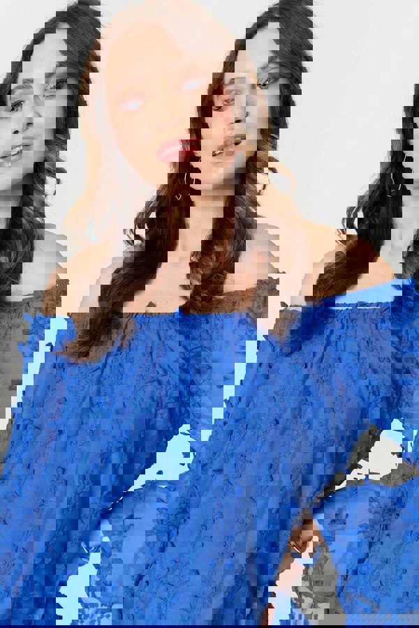 Blue | Textured Semi Sheer Bardot Blouse
