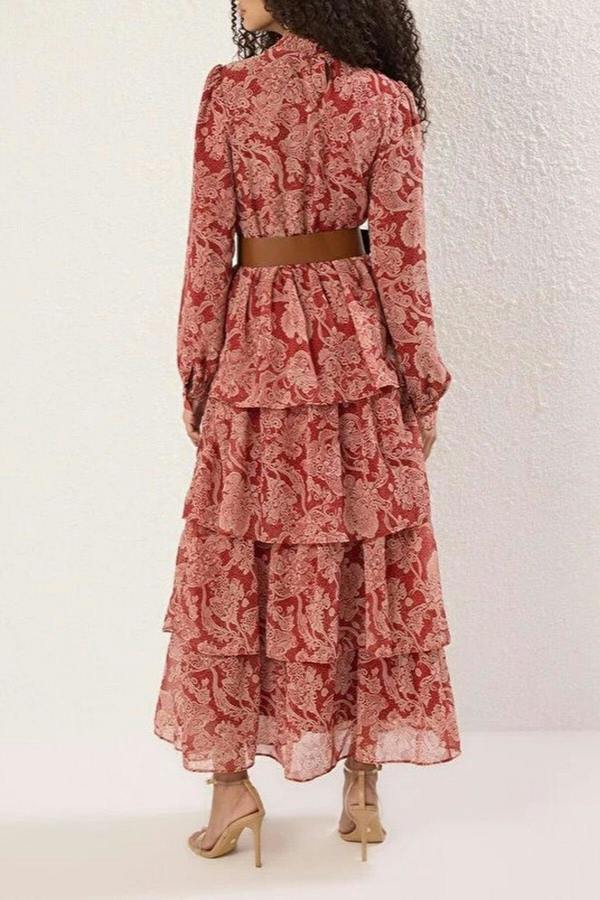 WOVCOR Stand Collar Patterned Lined Chiffon Woven Dress with Belt