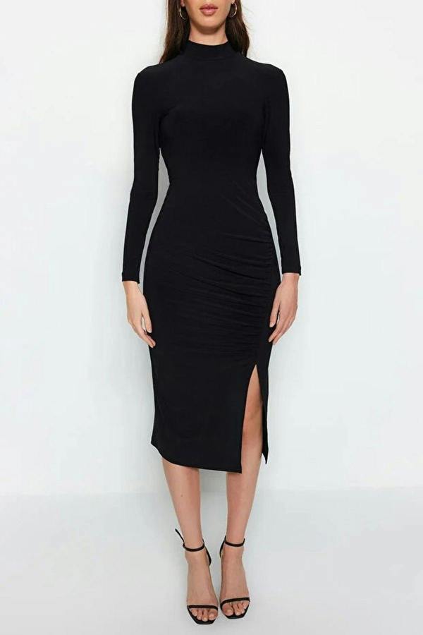 WOVCOR Stand Collar Fitted Midi Knit Dress with Slit & Drape Detail