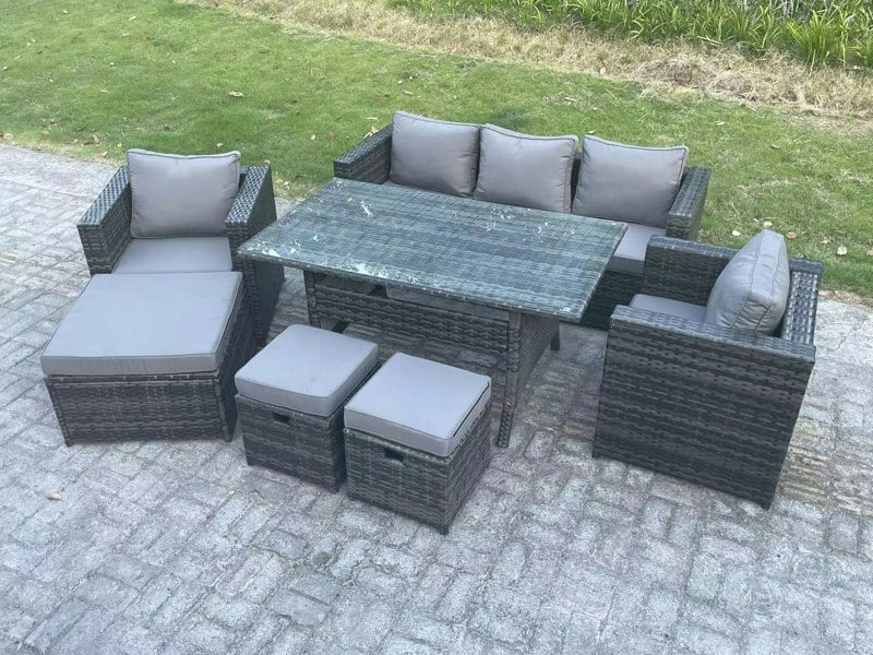 Fimous Outdoor Garden Furniture Set Patio Rattan Rectangular Dining Table Lounge Sofa Chair with Big Footstool 2 Small Stools Dark Grey Mixed