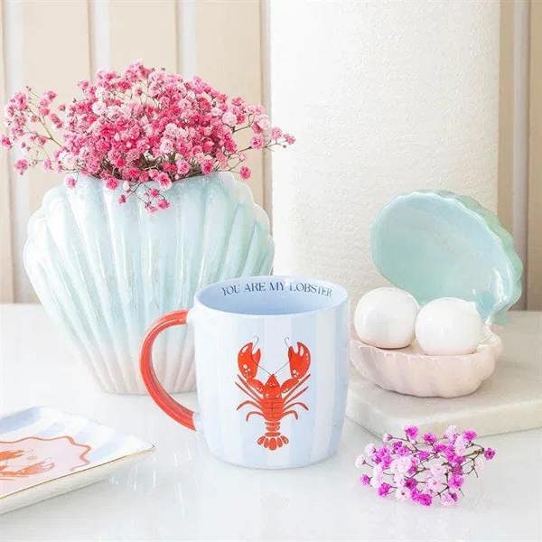 Light blue and white striped mug with red handle, red lobster graphic, 'YOU ARE MY LOBSTER'