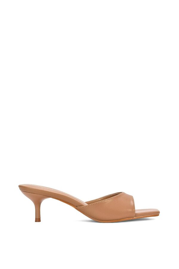 XY LONDON Square Toe Kitten Heel Slip On Heeled Sandal Mules - Taupe