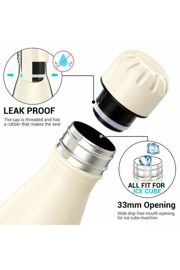 Dyzi 500ml Stainless Steel Water Bottle Leak Proof Cream