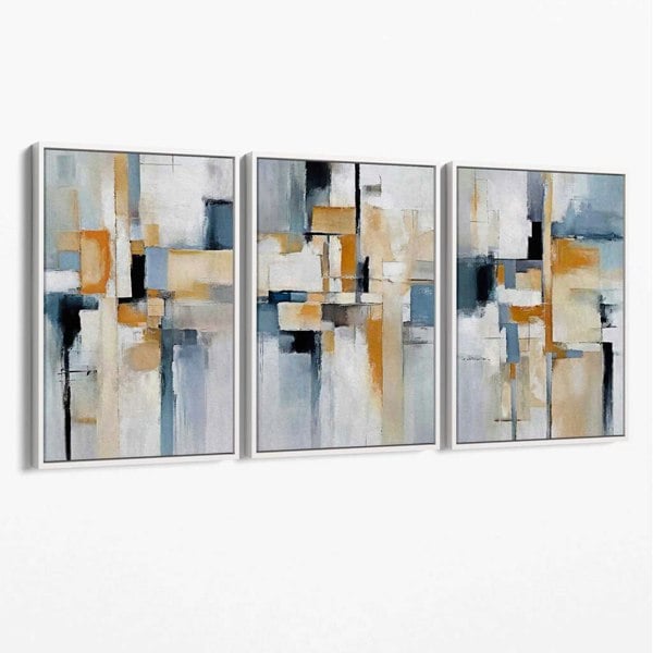 Artze Wall Art Abstract Blue and Orange on Beige Set of 3 Canvas Wall Art