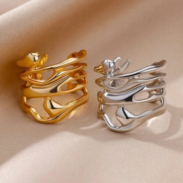 The Colourful Aura Abstract Fluid Wrap Wide Adjustable Band Gold or Silver Ring