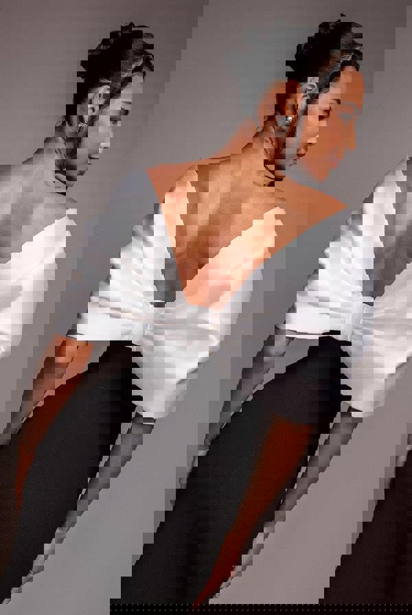 Contrast Off Shoulder Back Satin Bow Scuba Maxi Dress - Black Cream DR4708CONTRAST