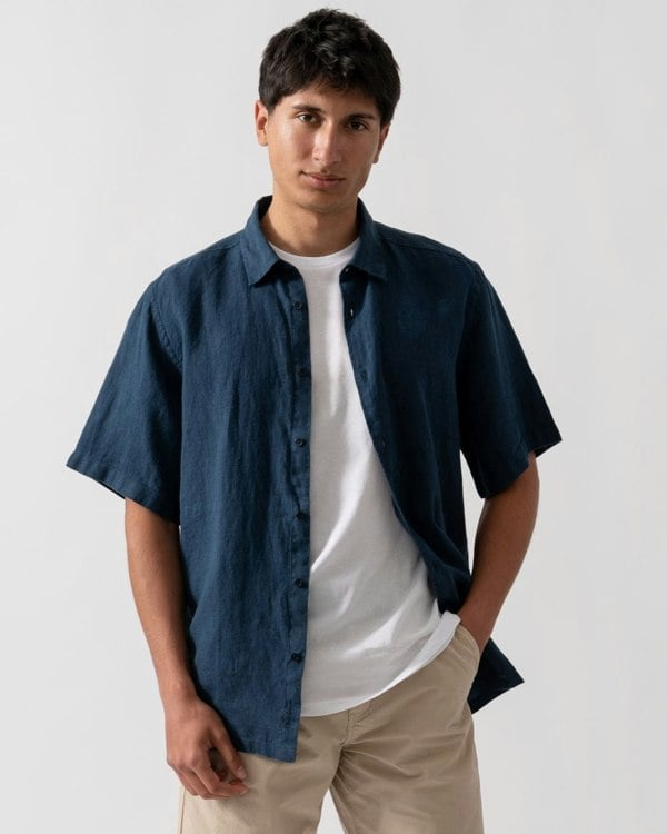 Oliver Sweeney Somerton Mens Short Sleeve Linen Shirt - Navy