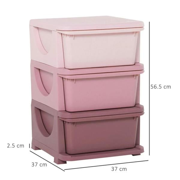 Pink 3-tier plastic storage unit with three lidded drawers and curved side handles
